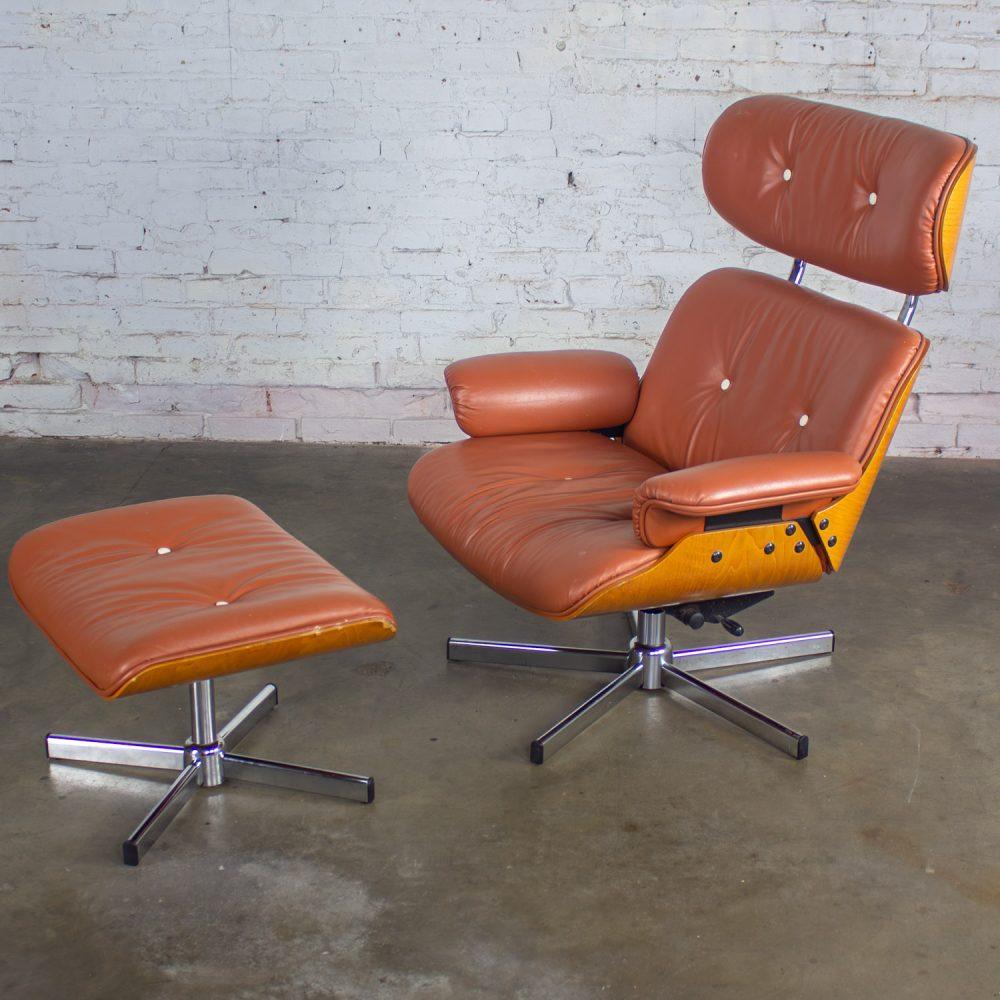 MCM Style Mid to Late 20th Century Plycraft Lounge Chair & Ottoman in Saddle Color Italian Leather