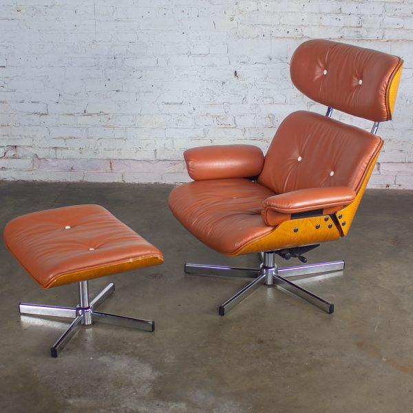 MCM Style Mid to Late 20th Century Plycraft Lounge Chair & Ottoman in Saddle Color Italian Leather