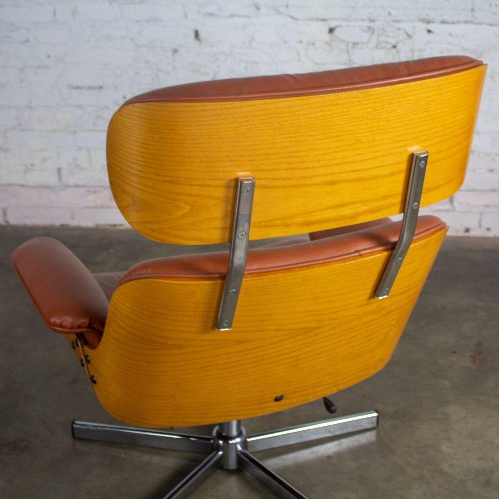 MCM Style Mid to Late 20th Century Plycraft Lounge Chair & Ottoman in Saddle Color Italian Leather