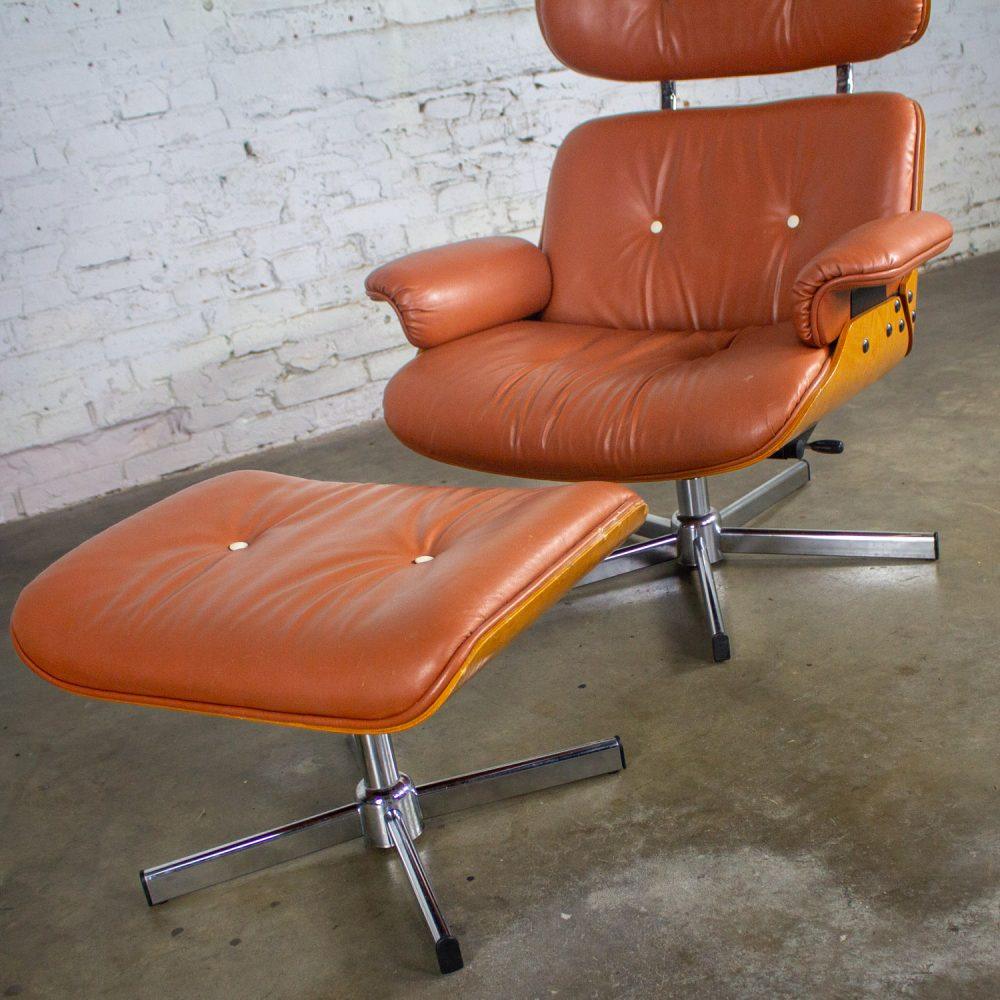 MCM Style Mid to Late 20th Century Plycraft Lounge Chair & Ottoman in Saddle Color Italian Leather