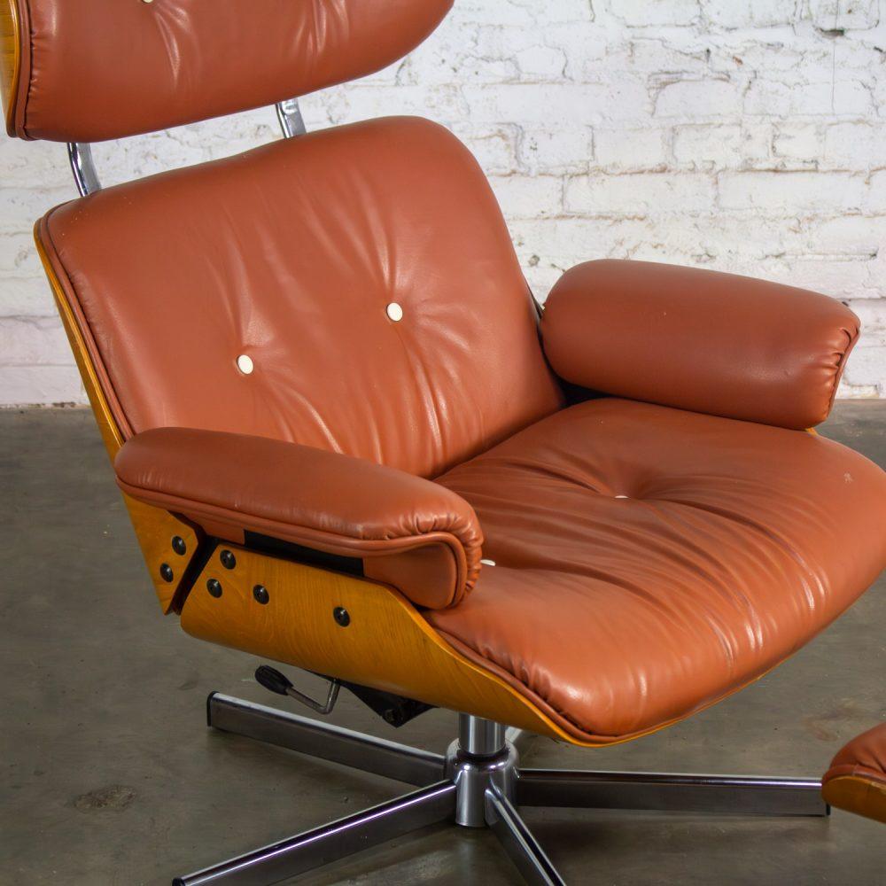 MCM Style Mid to Late 20th Century Plycraft Lounge Chair & Ottoman in Saddle Color Italian Leather