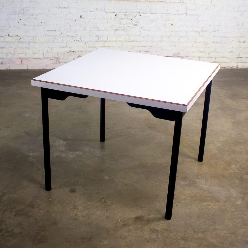 Mid to Late 20th Century MCM to Modern Square Dining Table w/Black Steel Tube Frame & White Laminate Top