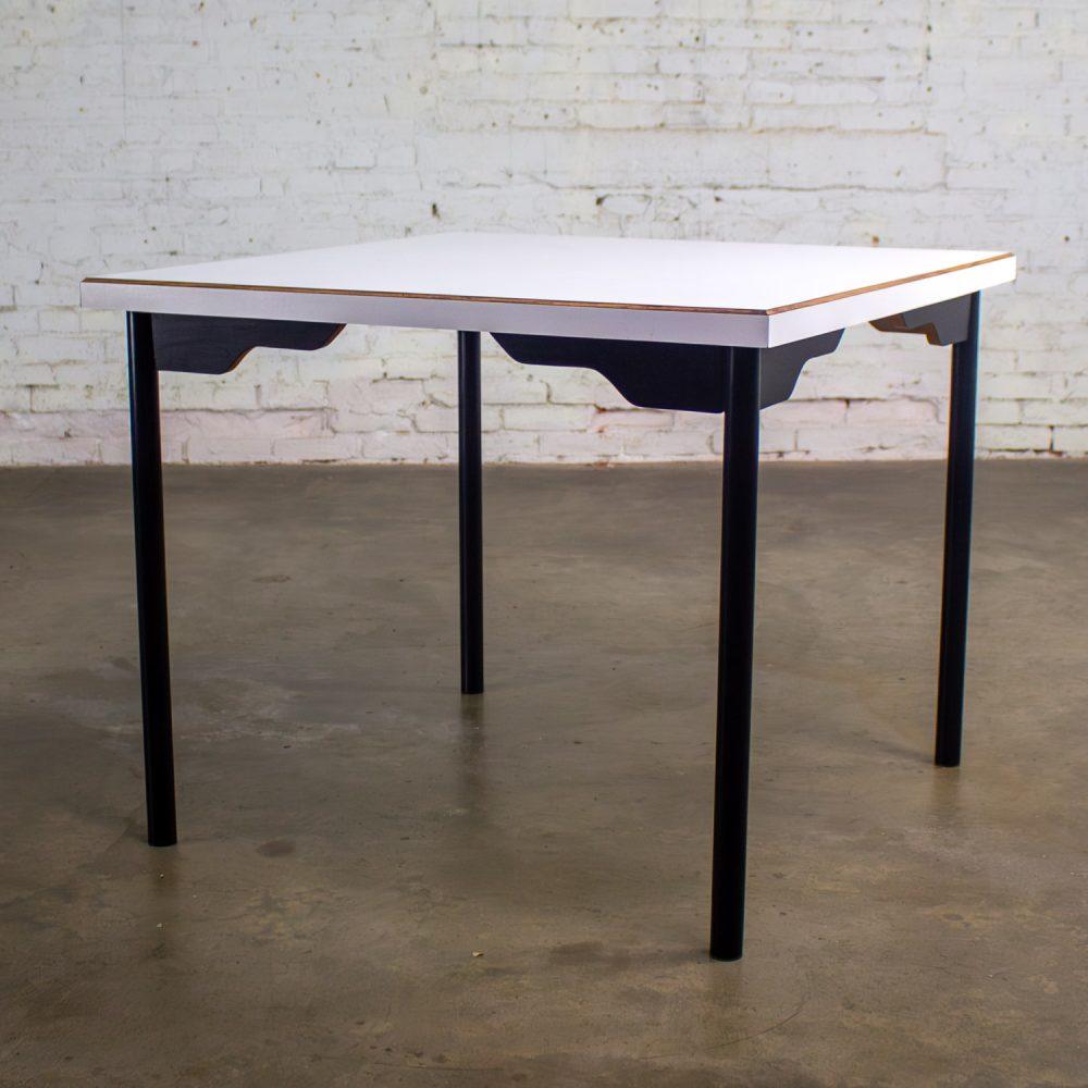 Mid to Late 20th Century MCM to Modern Square Dining Table w/Black Steel Tube Frame & White Laminate Top