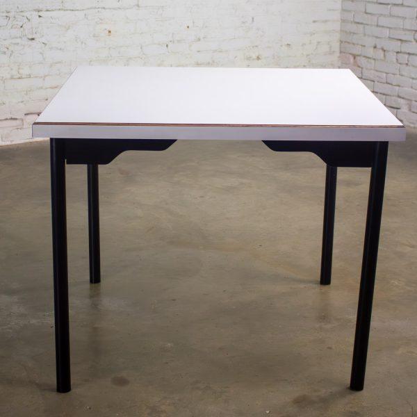 Mid to Late 20th Century MCM to Modern Square Dining Table w/Black Steel Tube Frame & White Laminate Top