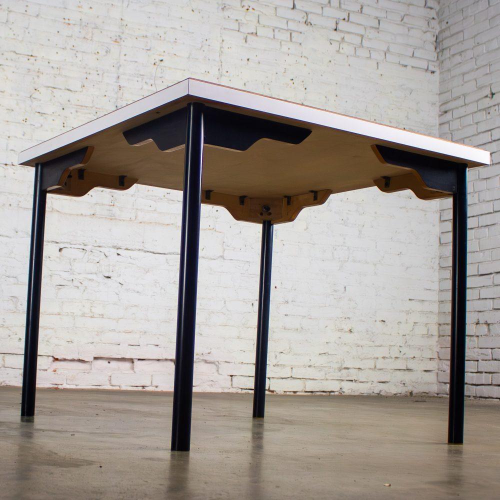 Mid to Late 20th Century MCM to Modern Square Dining Table w/Black Steel Tube Frame & White Laminate Top