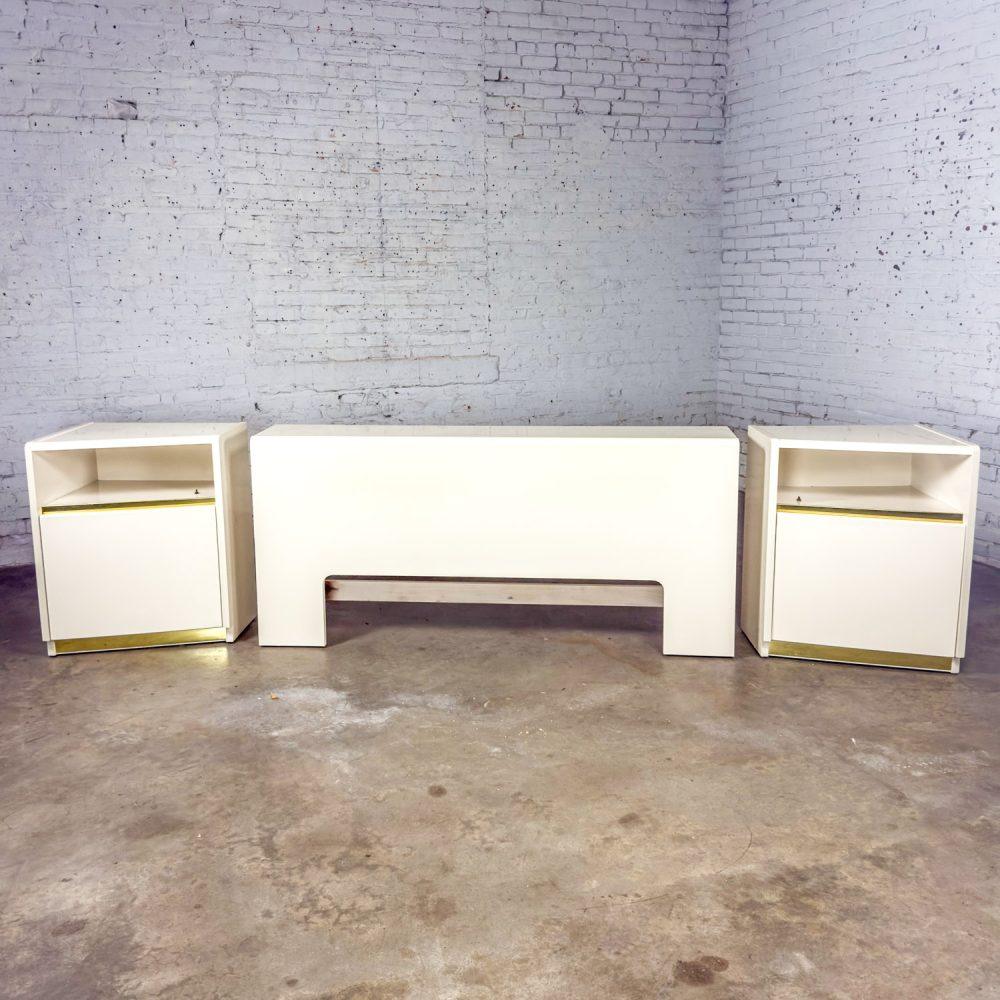 1990’s Modern to Postmodern Lane Furniture Queen Size Bed Headboard w/Nightstands White Lacquer & Brass