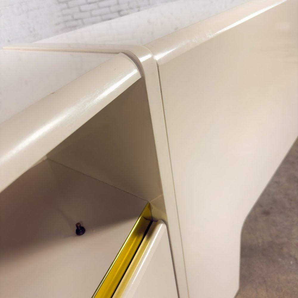 1990’s Modern to Postmodern Lane Furniture Queen Size Bed Headboard w/Nightstands White Lacquer & Brass