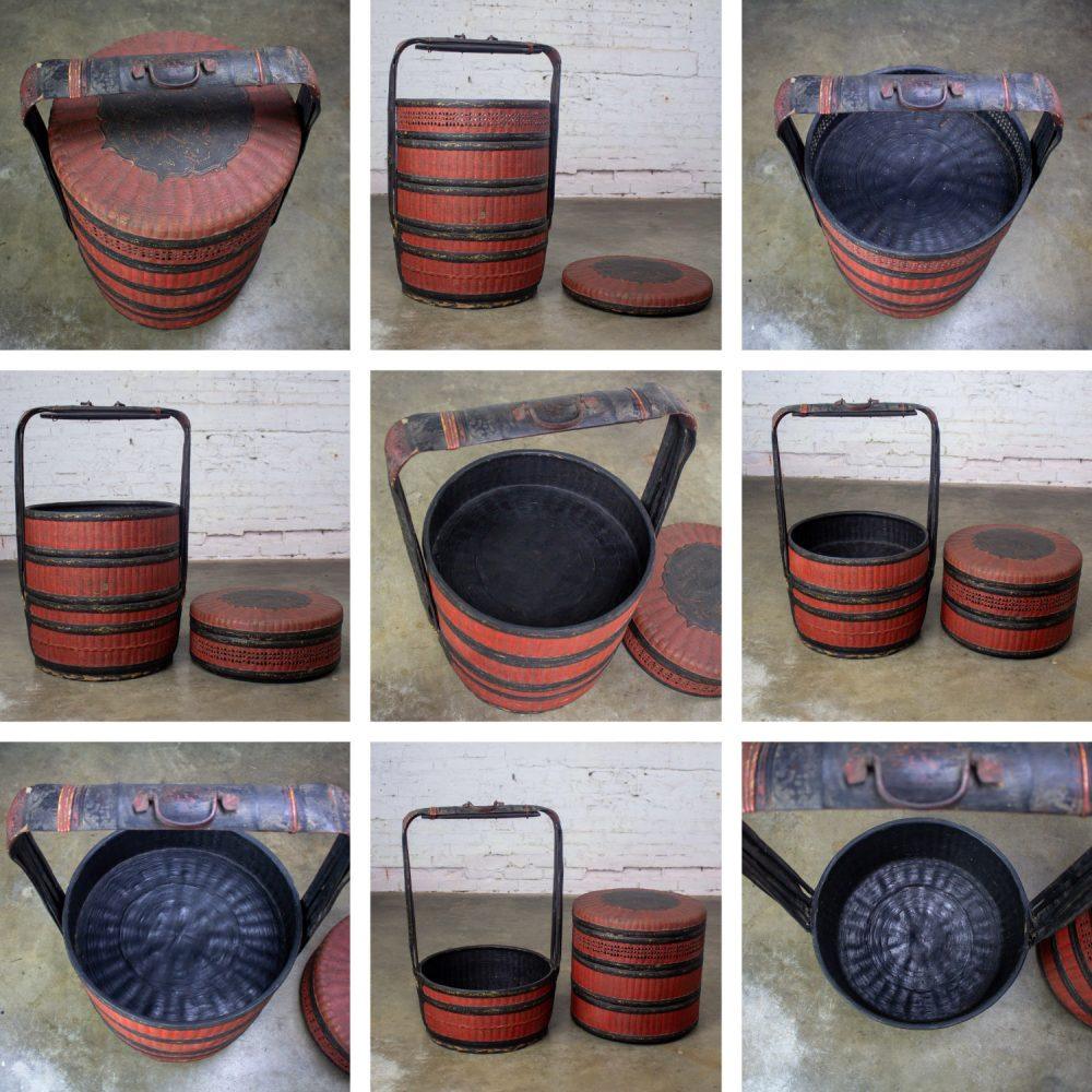 19th Century Antique Asian Red & Black Lacquer 4 Tier Woven Grass Stackable Chinese Wedding Basket