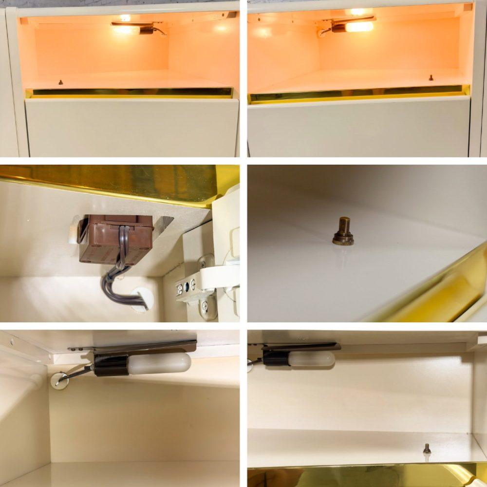 1990’s Modern to Postmodern Lane Furniture Queen Size Bed Headboard w/Nightstands White Lacquer & Brass