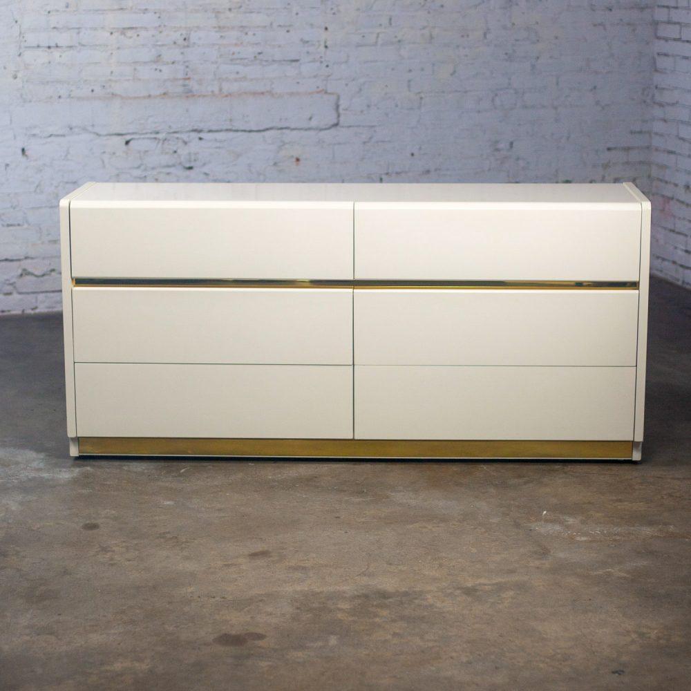 1990’s Modern to Postmodern Lane Furniture 6 Drawer Dresser or Buffet White Lacquer & Brass Trim