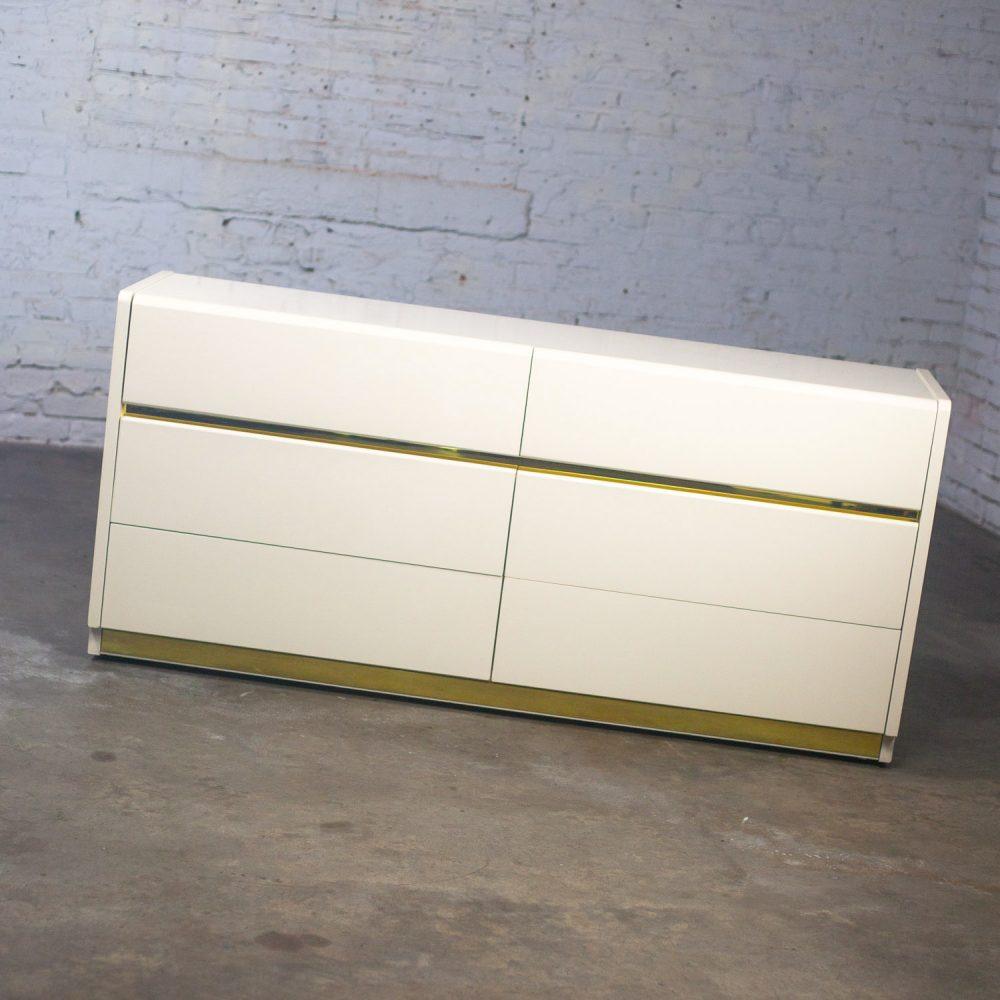1990’s Modern to Postmodern Lane Furniture 6 Drawer Dresser or Buffet White Lacquer & Brass Trim