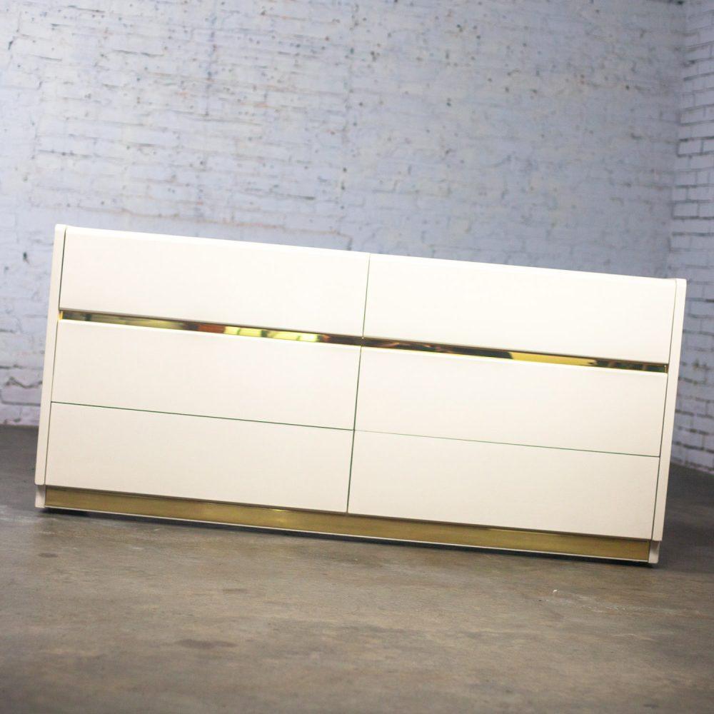 1990’s Modern to Postmodern Lane Furniture 6 Drawer Dresser or Buffet White Lacquer & Brass Trim