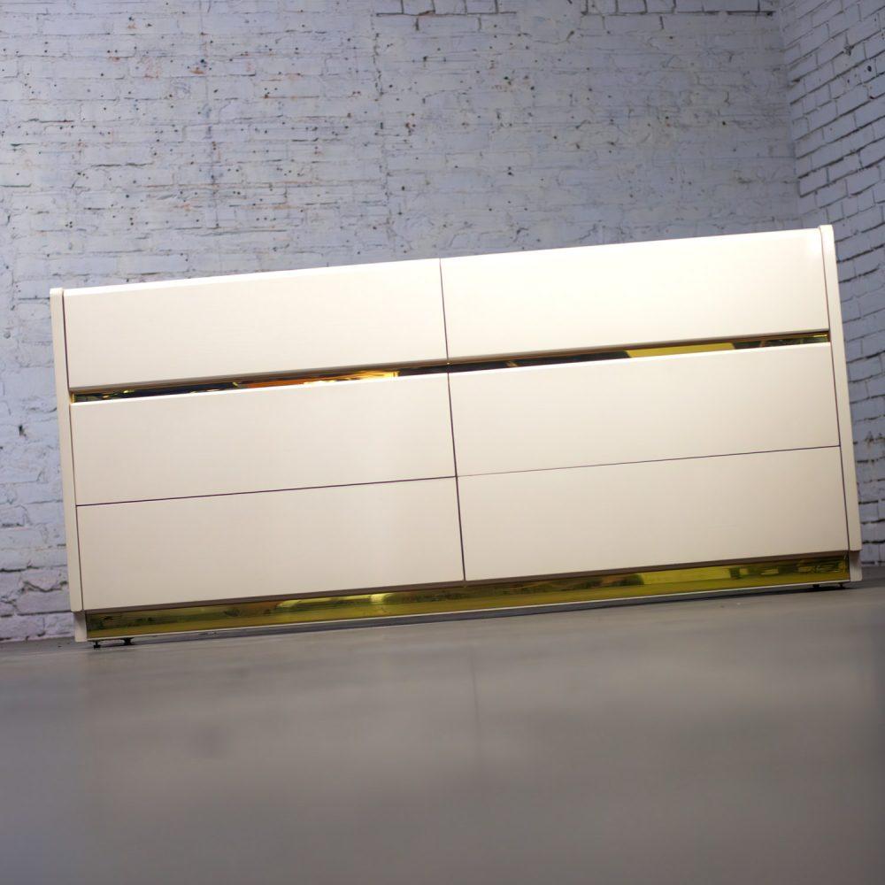 1990’s Modern to Postmodern Lane Furniture 6 Drawer Dresser or Buffet White Lacquer & Brass Trim