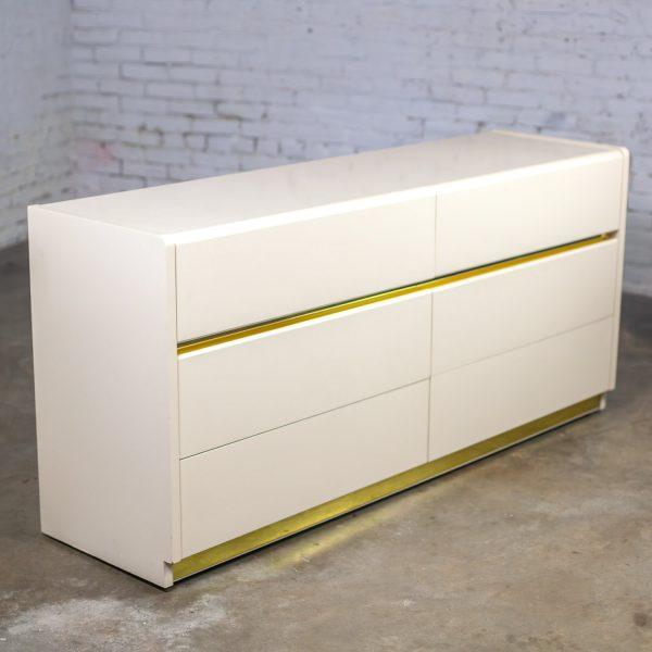 1990’s Modern to Postmodern Lane Furniture 6 Drawer Dresser or Buffet White Lacquer & Brass Trim