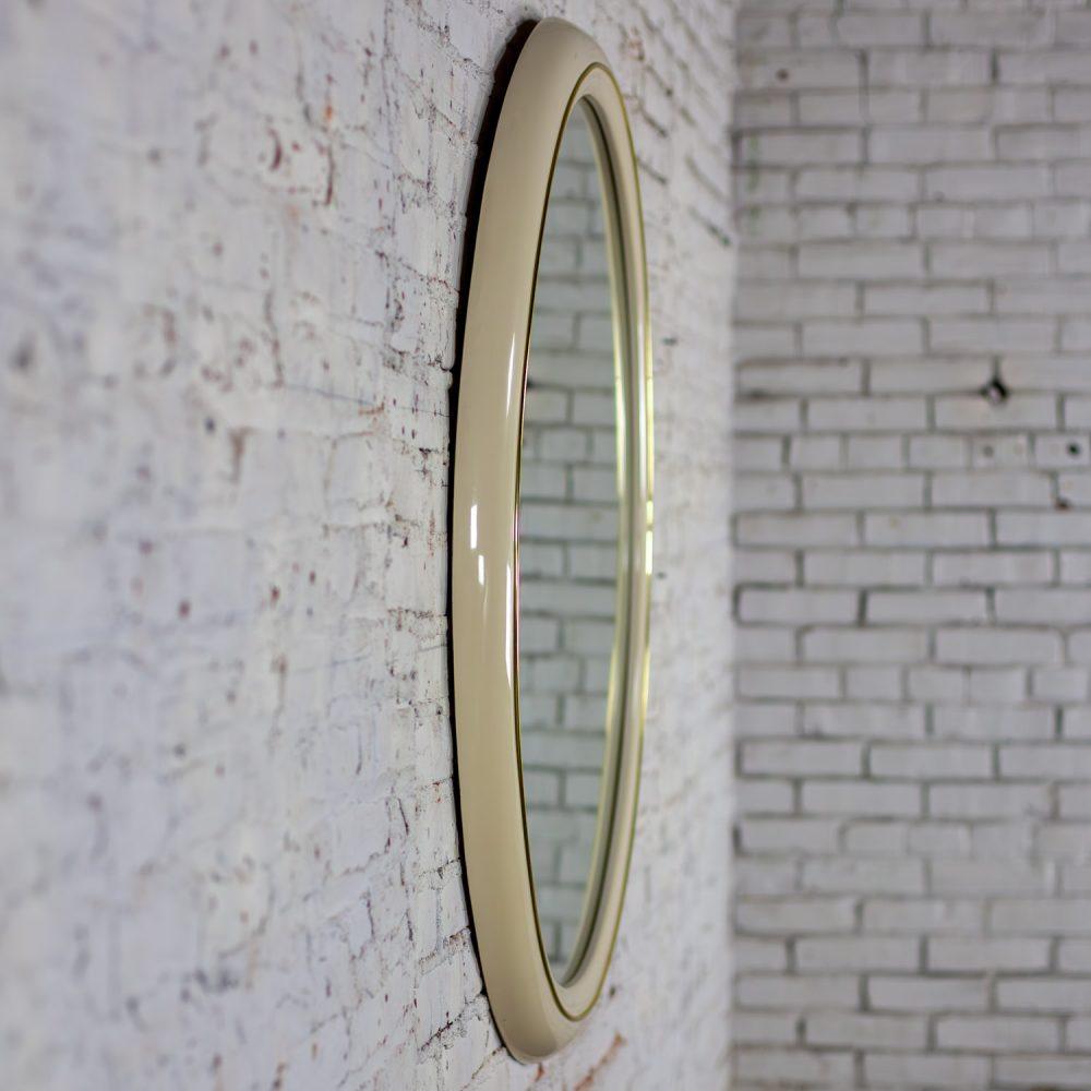 1990’s Modern to Postmodern Lane Furniture White Lacquer & Brass Trim Round Wall Mirror