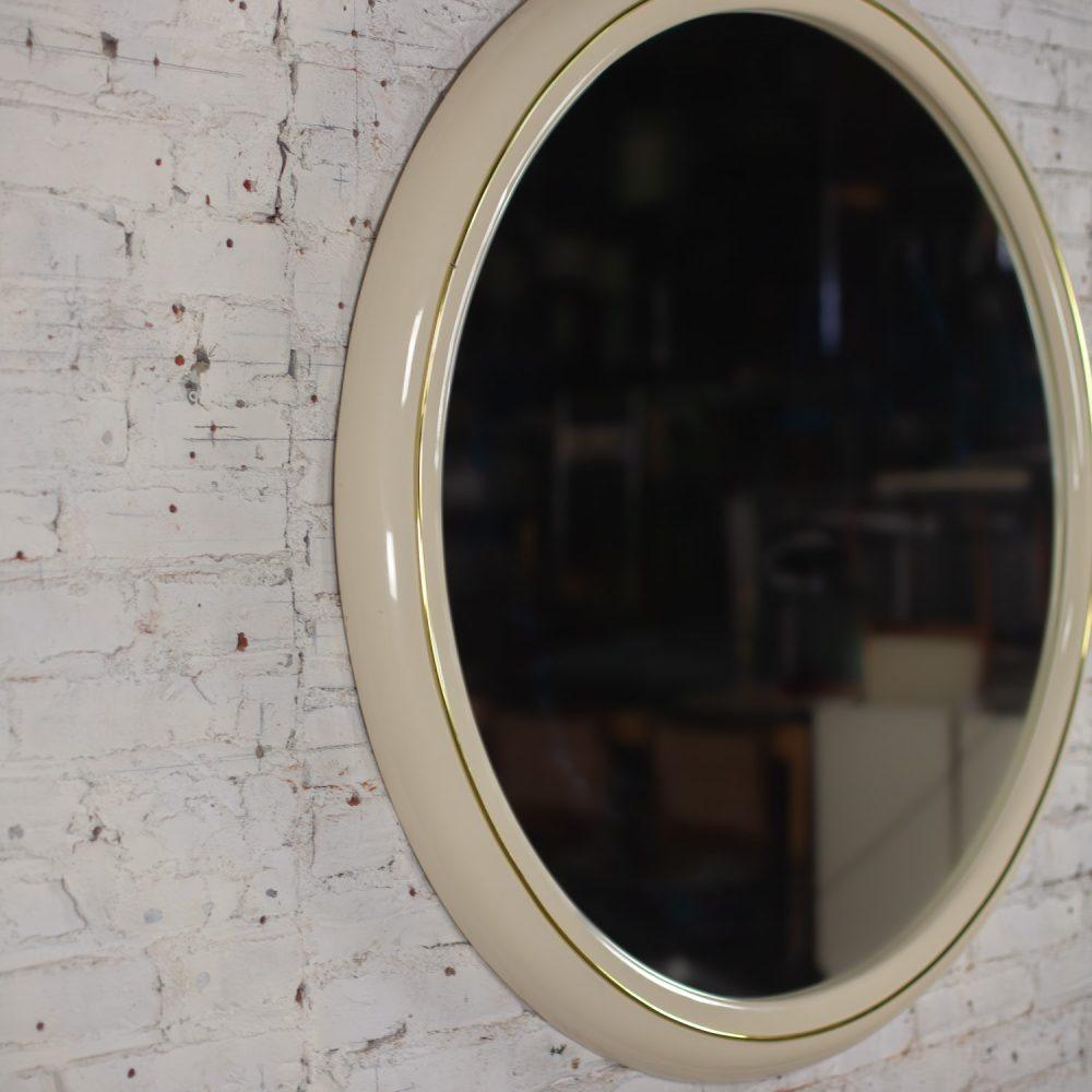 1990’s Modern to Postmodern Lane Furniture White Lacquer & Brass Trim Round Wall Mirror