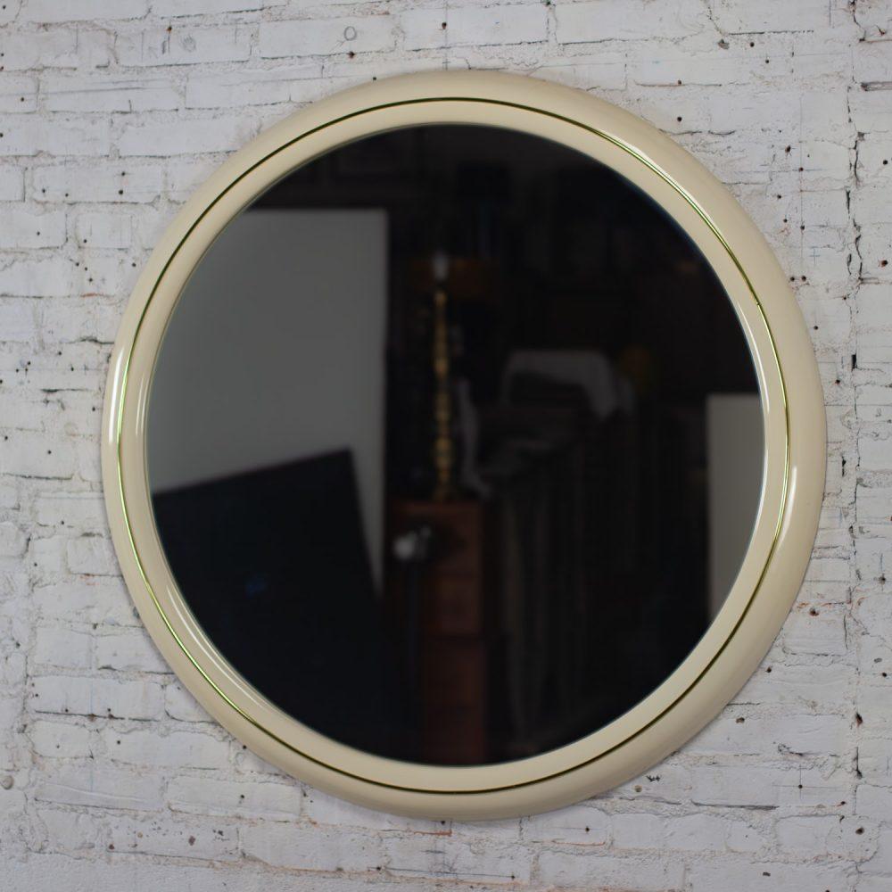 1990’s Modern to Postmodern Lane Furniture White Lacquer & Brass Trim Round Wall Mirror