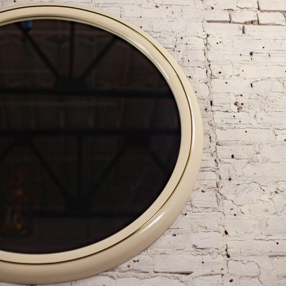 1990’s Modern to Postmodern Lane Furniture White Lacquer & Brass Trim Round Wall Mirror
