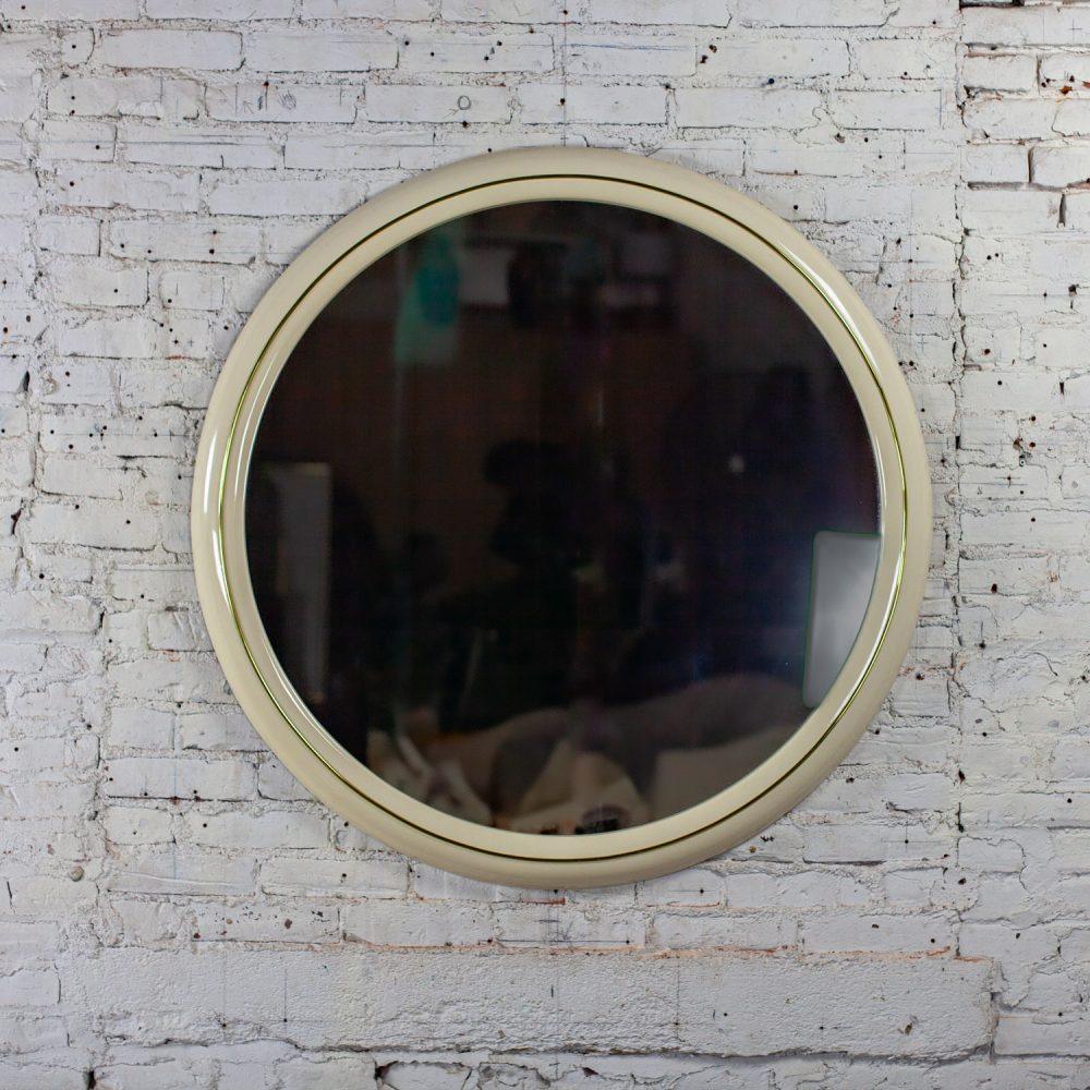 1990’s Modern to Postmodern Lane Furniture White Lacquer & Brass Trim Round Wall Mirror