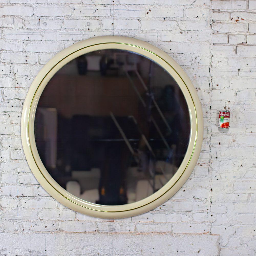1990’s Modern to Postmodern Lane Furniture White Lacquer & Brass Trim Round Wall Mirror