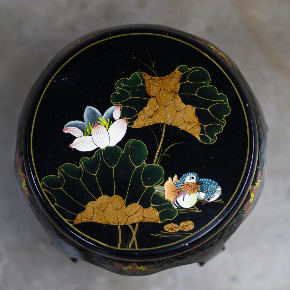 Late 20th Century Chinoiserie Chinese Garden Stool or Small Side Table Black Lacquer w/Asian Details