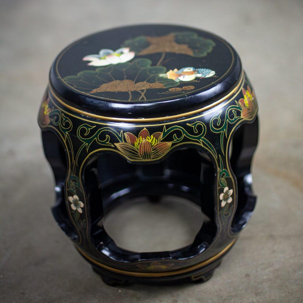 Late 20th Century Chinoiserie Chinese Garden Stool or Small Side Table Black Lacquer w/Asian Details