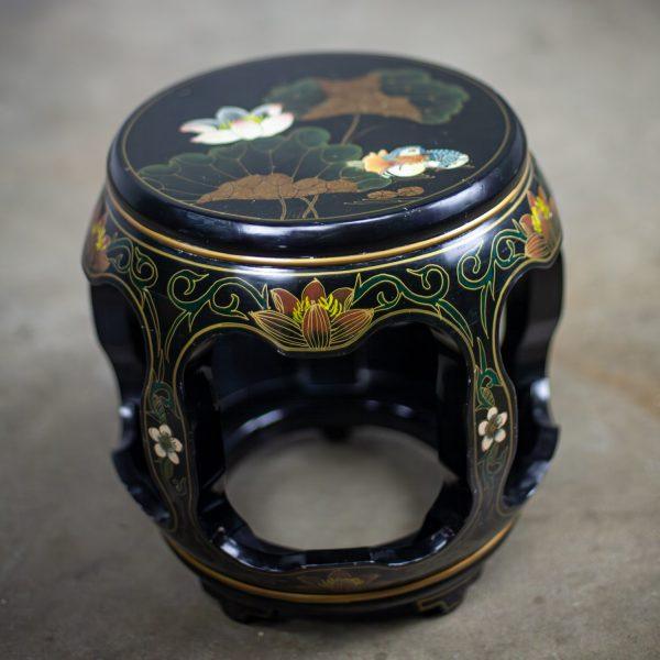 Late 20th Century Chinoiserie Chinese Garden Stool or Small Side Table Black Lacquer w/Asian Details