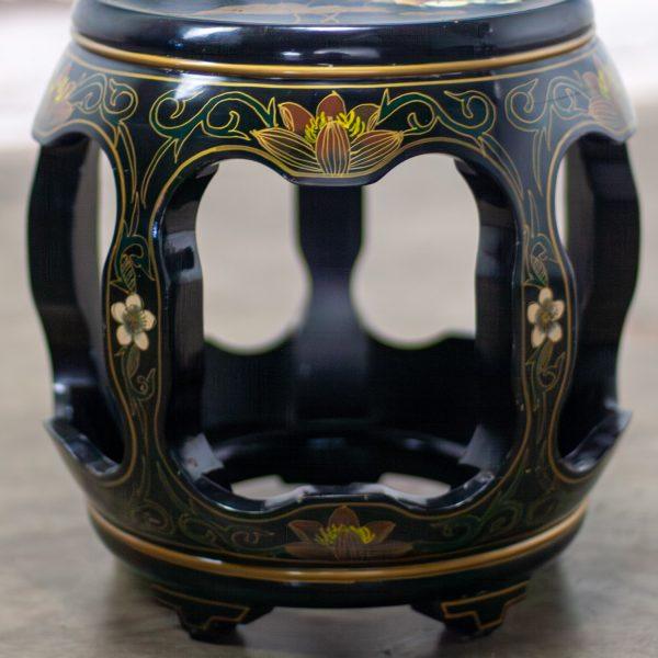 Late 20th Century Chinoiserie Chinese Garden Stool or Small Side Table Black Lacquer w/Asian Details