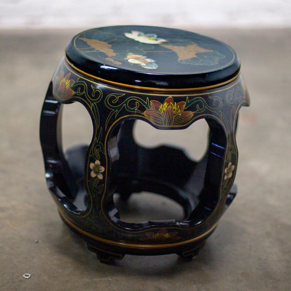 Late 20th Century Chinoiserie Chinese Garden Stool or Small Side Table Black Lacquer w/Asian Details