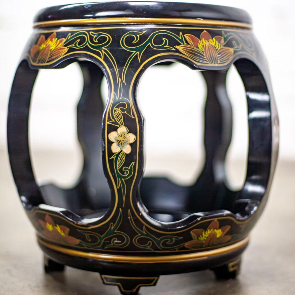 Late 20th Century Chinoiserie Chinese Garden Stool or Small Side Table Black Lacquer w/Asian Details