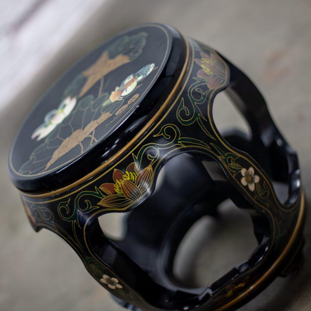 Late 20th Century Chinoiserie Chinese Garden Stool or Small Side Table Black Lacquer w/Asian Details