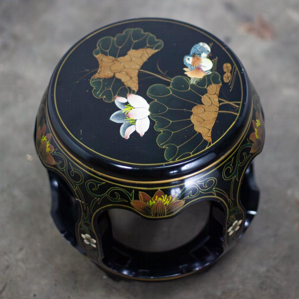 Late 20th Century Chinoiserie Chinese Garden Stool or Small Side Table Black Lacquer w/Asian Details
