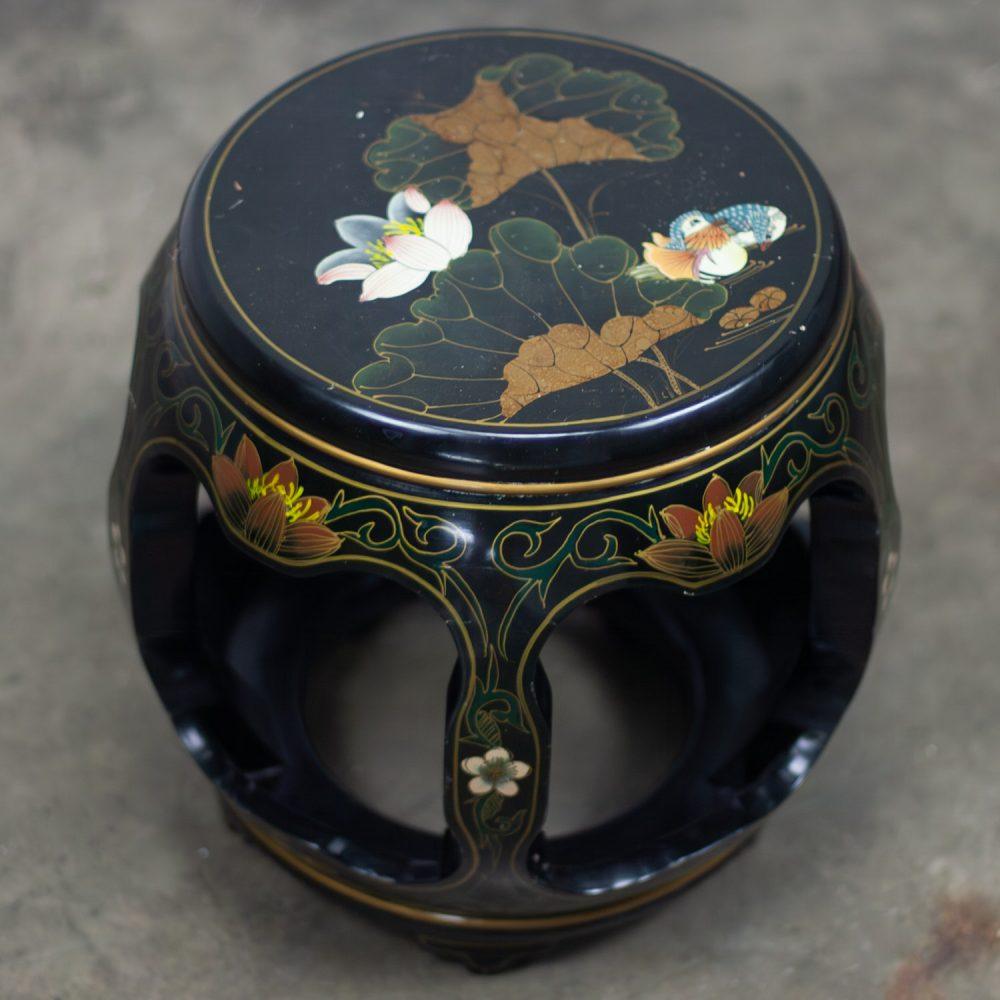 Late 20th Century Chinoiserie Chinese Garden Stool or Small Side Table Black Lacquer w/Asian Details