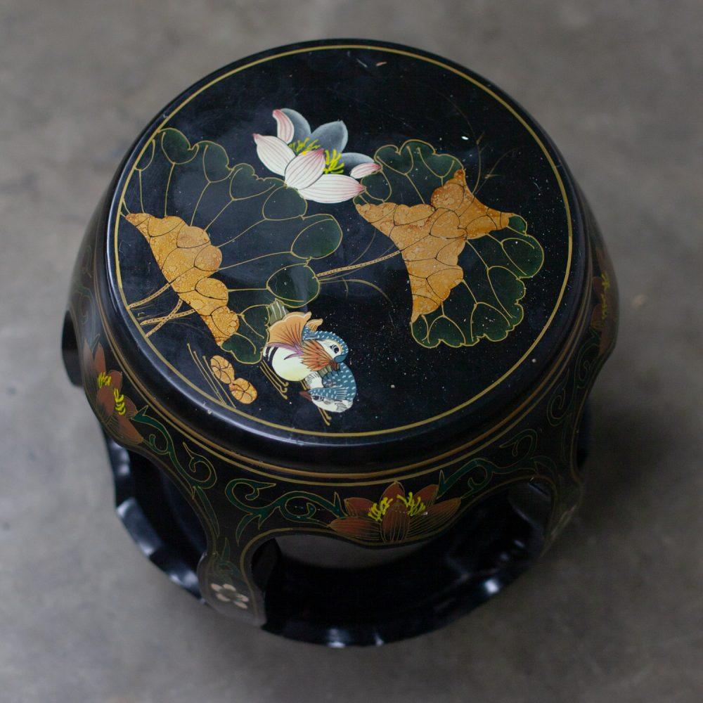 Late 20th Century Chinoiserie Chinese Garden Stool or Small Side Table Black Lacquer w/Asian Details