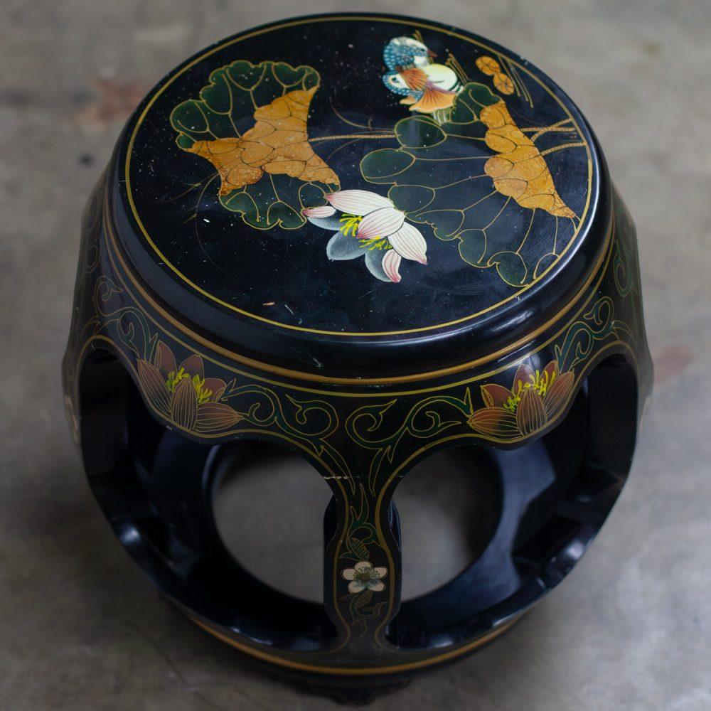 Late 20th Century Chinoiserie Chinese Garden Stool or Small Side Table Black Lacquer w/Asian Details
