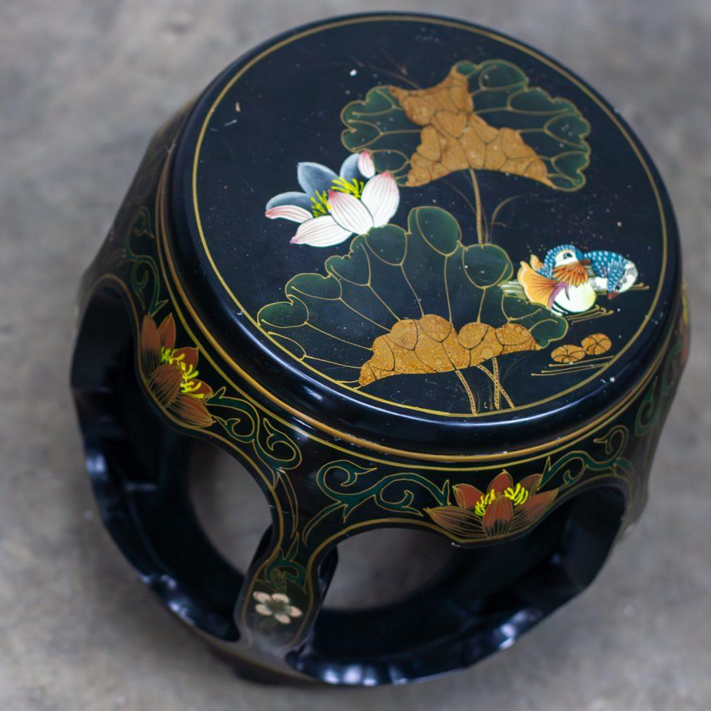 Late 20th Century Chinoiserie Chinese Garden Stool or Small Side Table Black Lacquer w/Asian Details