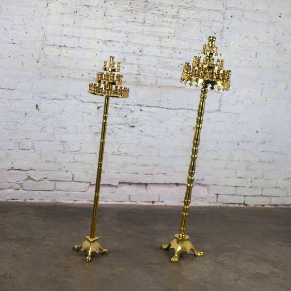 20th Century Gothic Style Solid Cast Brass Tiered Floor Standing Candelabra Tripod Bases a Pair