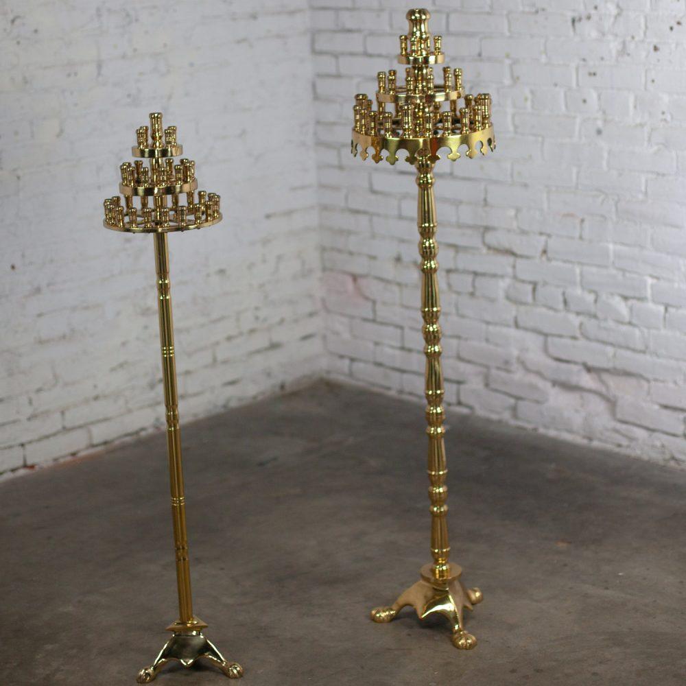 20th Century Gothic Style Solid Cast Brass Tiered Floor Standing Candelabra Tripod Bases a Pair