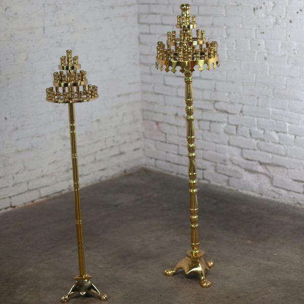 20th Century Gothic Style Solid Cast Brass Tiered Floor Standing Candelabra Tripod Bases a Pair