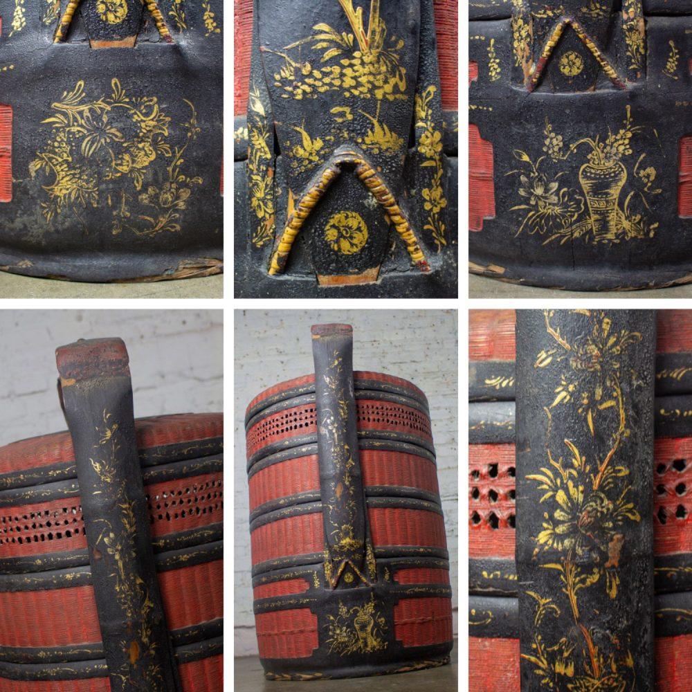 19th Century Antique Asian Red & Black Lacquer 4 Tier Woven Grass Stackable Chinese Wedding Basket
