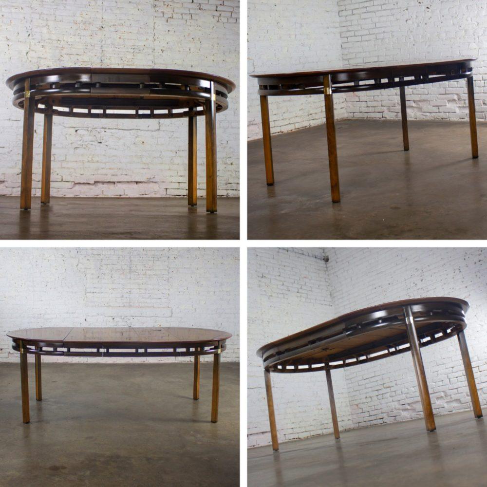 Mid-20th Century MCM to Campaign Style Round to Oval Expanding Dining Table Attributed to Tung Si Collection by Hickory Manufacturing