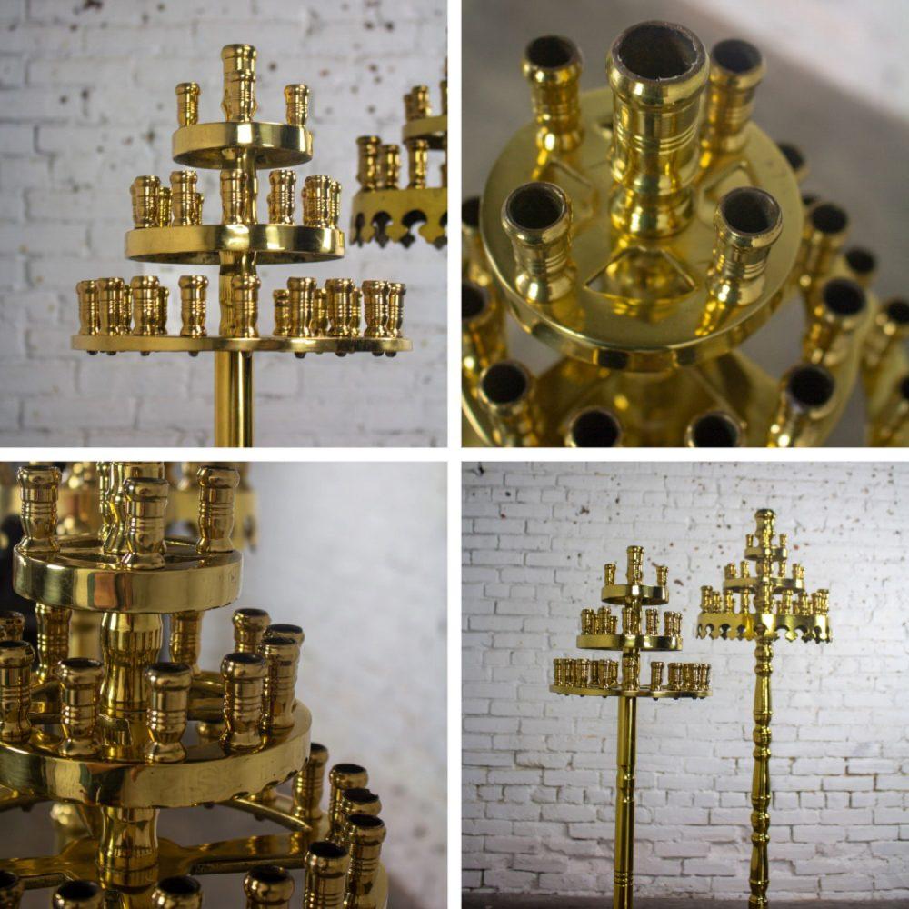 20th Century Gothic Style Solid Cast Brass Tiered Floor Standing Candelabra Tripod Bases a Pair