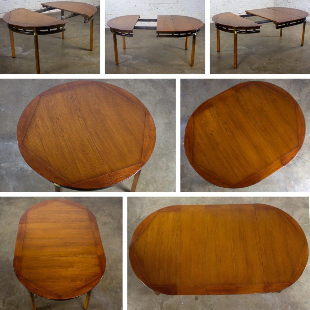 Mid-20th Century MCM to Campaign Style Round to Oval Expanding Dining Table Attributed to Tung Si Collection by Hickory Manufacturing