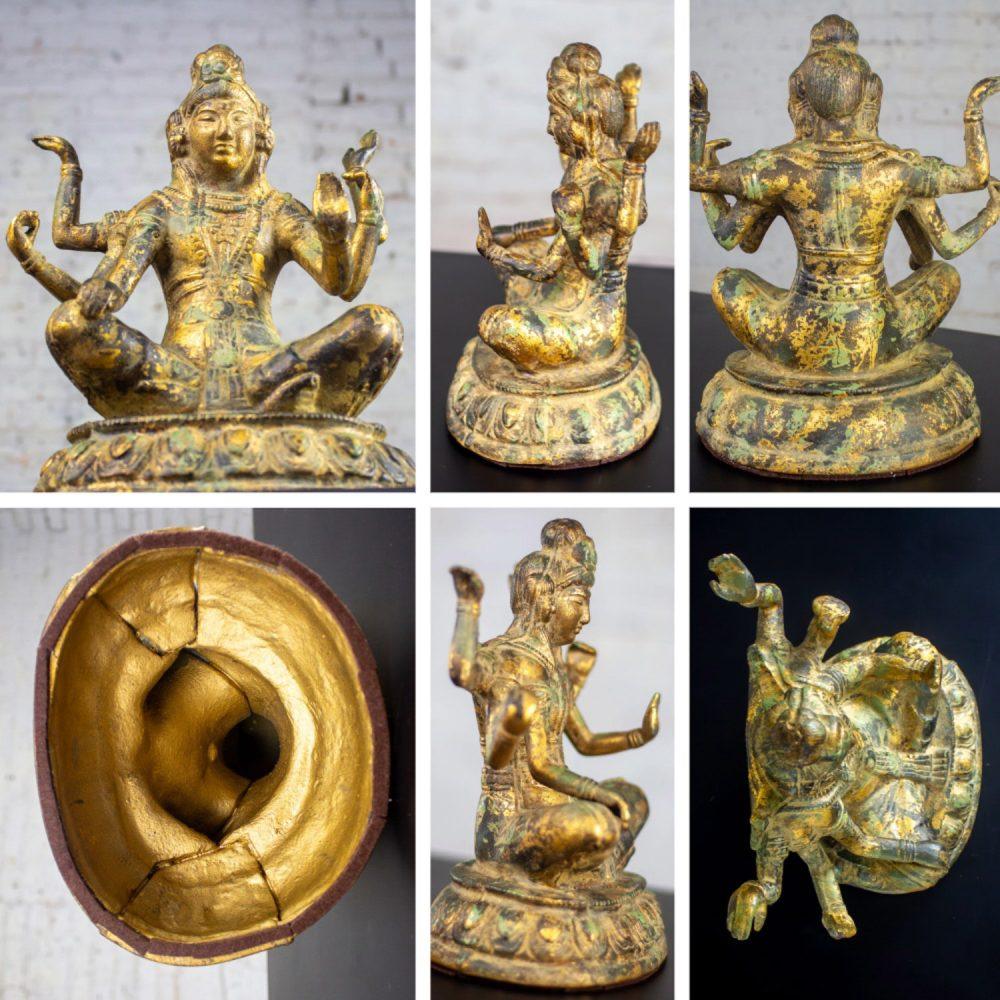 20th Century Asian Gilded & Patinated Cast Iron 6-Armed Deity Vasudhara Buddhist Sculpture