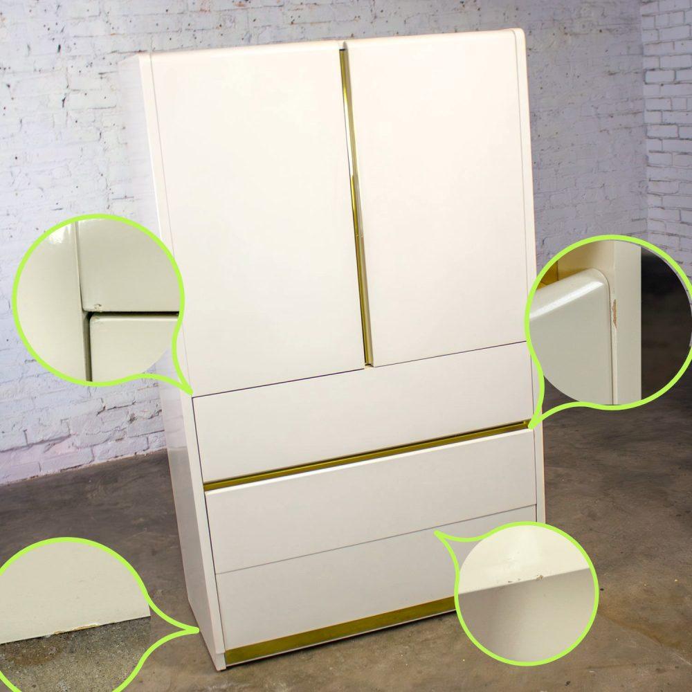 1990’s Modern to Postmodern Lane Furniture Wardrobe or Entertainment Center White Lacquer & Brass Trim