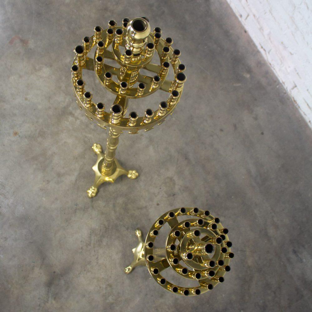 20th Century Gothic Style Solid Cast Brass Tiered Floor Standing Candelabra Tripod Bases a Pair