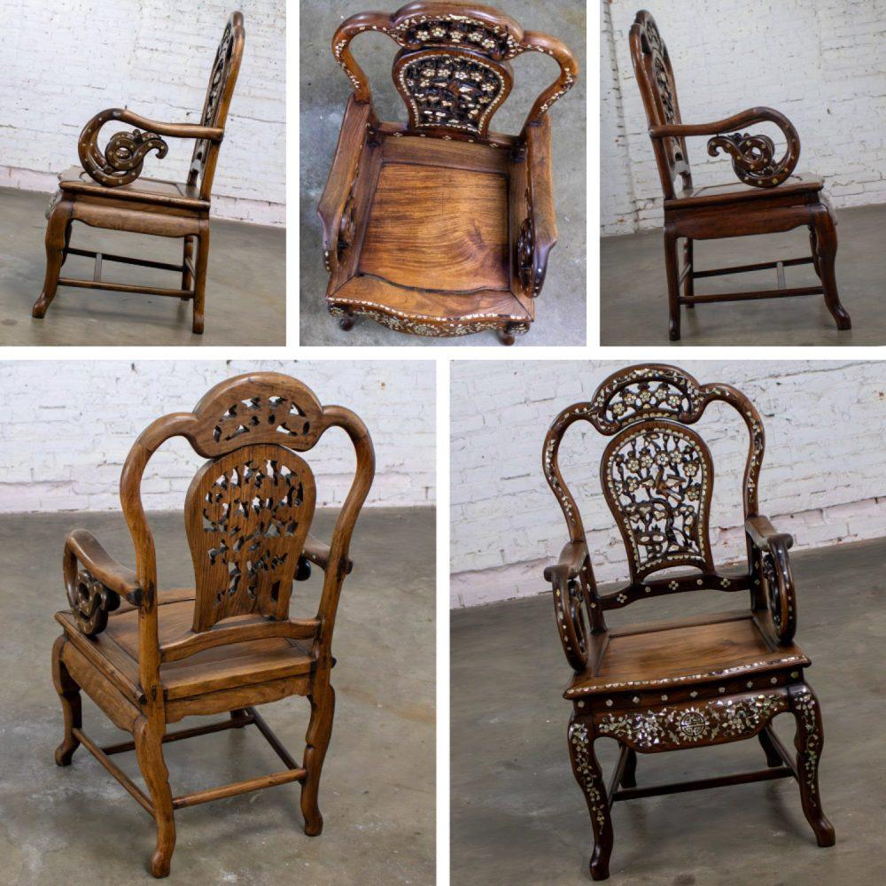 Late 19th to Early 20th Century Chinese Rosewood Armchair with Mother of Pearl Inlaid Details