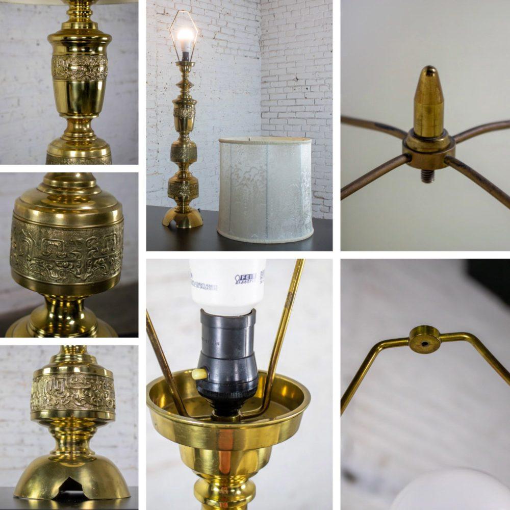 Mid-20th Century Chinoiserie Hollywood Regency Table Lamp Cast Brass w/Damask Fabric Shade