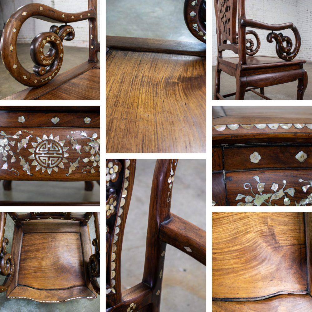 Late 19th to Early 20th Century Chinese Rosewood Armchair with Mother of Pearl Inlaid Details