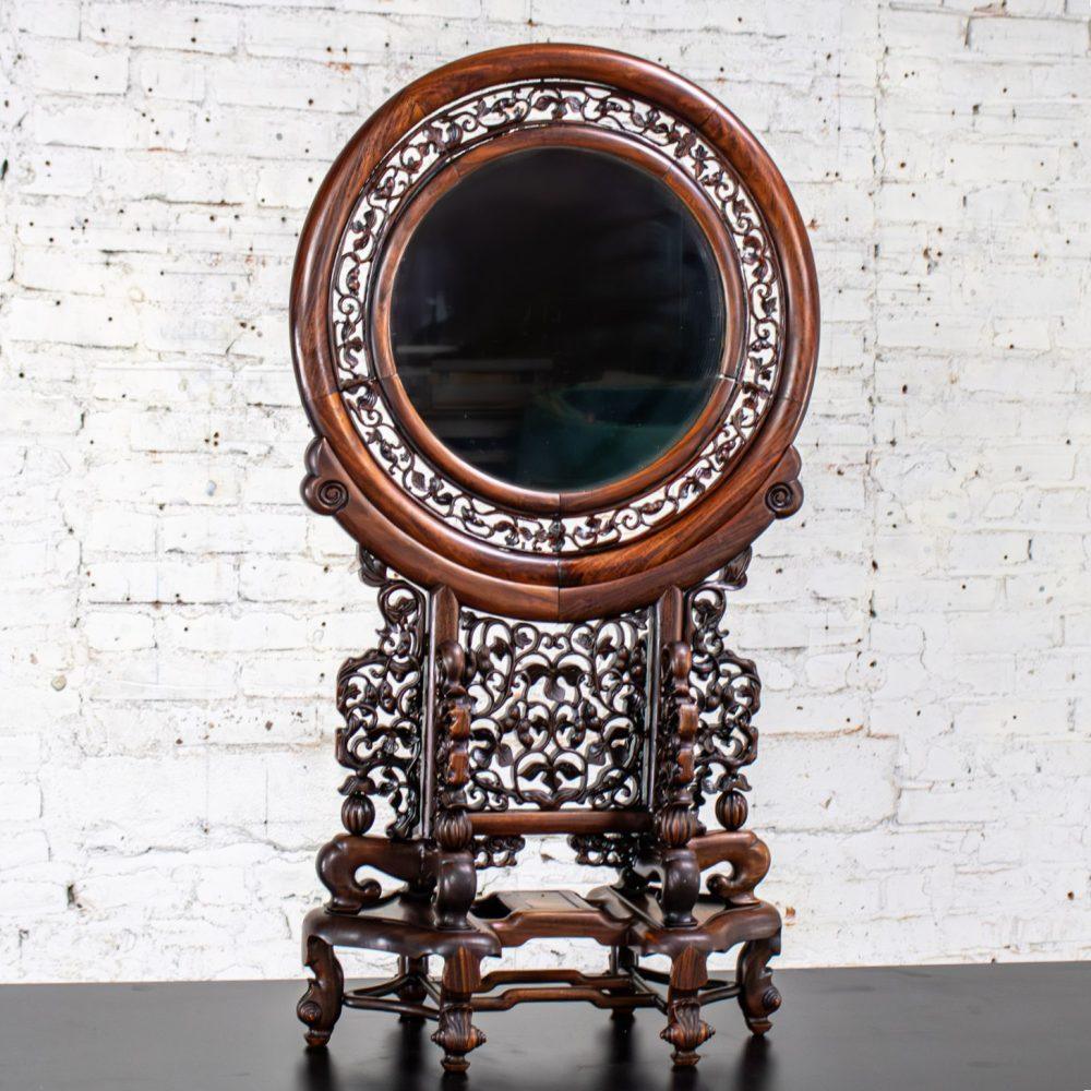 Late 19th to Early 20th Century Antique Chinese Mirror Table Screen Hand Carved Rosewood